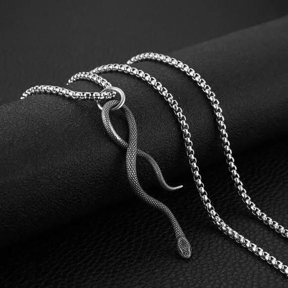 Men's02-Silver Gothic Snake Pendant Necklace - Stainless Steel Animal Jewelry